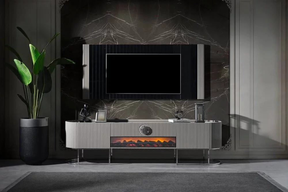 gucci-tv-unitesi-gri-1 Şömineli tv ünitesi modeli